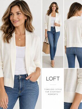 LOFT Ivory Cream Open Front Lightweight Cardigan Sweater Size M